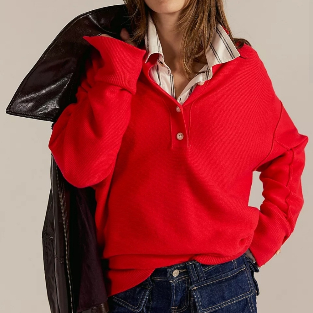 Free People We The Free Dreamboat Henley Red Long Sleeve Oversized Top. Pullover